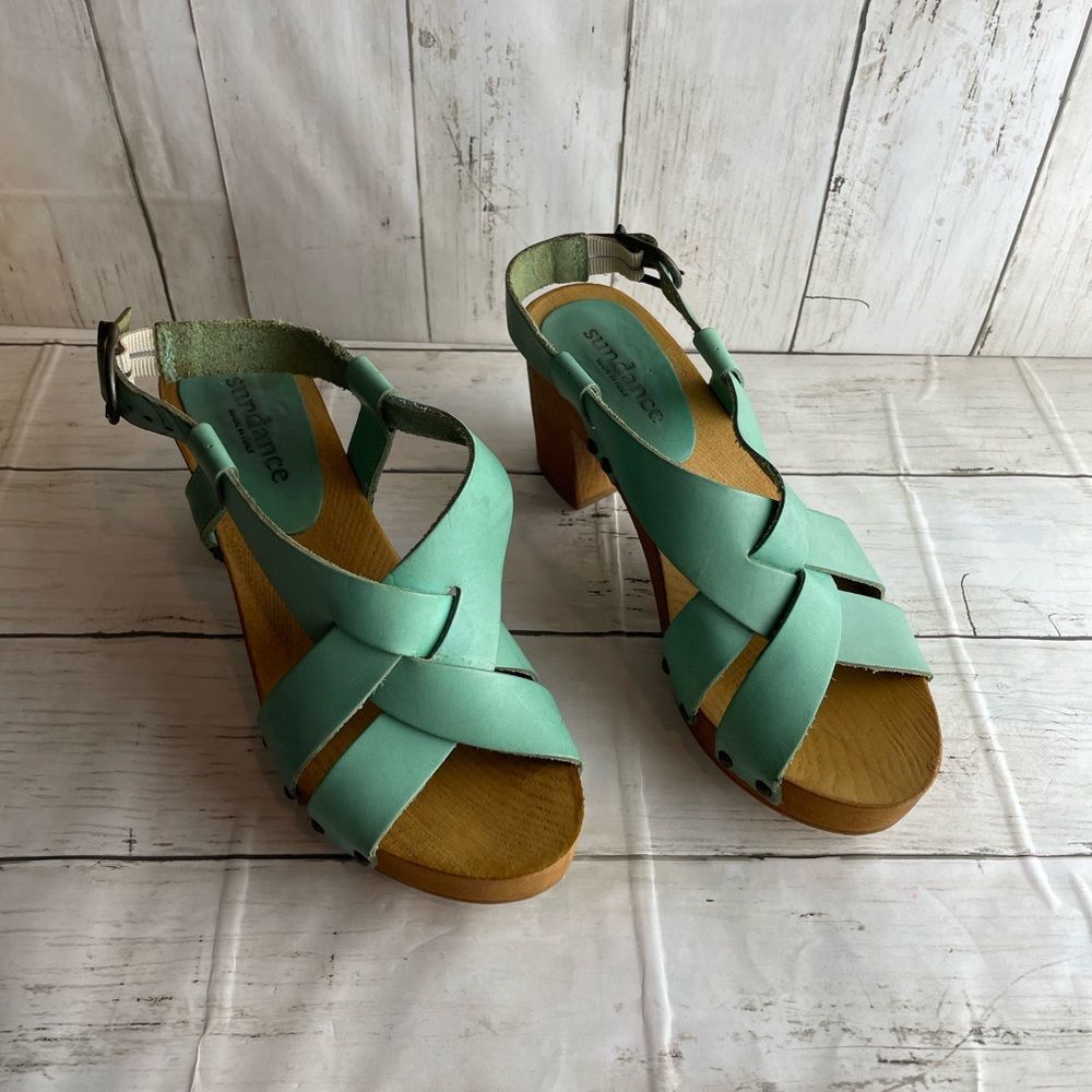 Sundance Sandals Wooden Leather Heeled Green Women 39/8.5 Strappy Shoe